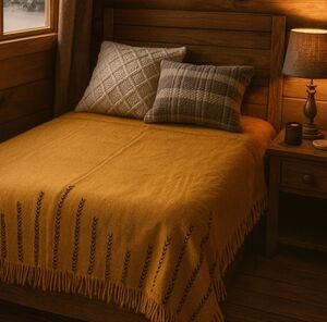 One Of A Kind Dark Mustard Wool Fringe Handmade Full Size Throw Blanket Set